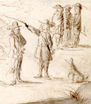 Many Dutchmen kept dogs to help in the hunt. Detail from “Landdag Ceremony on Taiwan,” drawing by Caspar Schmalkalden. Used by permission of the Gotha Research Library (Gotha Forschungsbibliotek) (finding aid: Chart. B 533, fos. 288v–299).