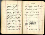 Two facing pages of Bishop's 1938-1942 travel journal, a small journal with lined pages. On the left, Bishop lists people's names and the names of old weaving patterns. On the right, she has copied the details of Cordie Hyce's sign, which warns passersby against trespassing on her property. In the middle of this page, she has drawn Cordie's small cabin with mountains on either side.