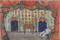 Pierrot’s sparsely furnished room is framed by a red curtain and borders. The space within contains two entrances, symmetrically positioned left and right, a writing desk, center, and the melancholy Pierrot in white on a chair, right.