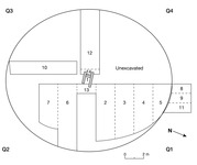 Illustrated plan of the excavation units at tumulus 099, represented by an oval with shapes inside it, labeled from 2 to 14, not in order. Quadrants 1 to 4 are labeled, counter-clockwise. An arrow pointing to the bottom right is labeled as N.