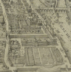 Section of a map of Paris, from a bird’s eye view. On the right is the Seine, with several boats sailing on it. In the center are the Louvre and the Tuileries, connected along the bank of the Seine but not connected along the opposite side. Below the Tuileries palace are its gardens. Buildings and streets are labeled.