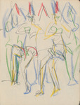 Abstract graphite and crayon sketch in paper sketchbook of Wigman’s rehearsals, in which four dancers rehearse in a tight group, their forms accentuated by a repeating pattern of triangles over their heads. The dancers are indicated by green, blue, and yellow strokes of crayon; the triangles are in blue and red.