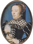 Miniature oval painting of Catherine de' Medici, Queen of France, half-length, turned slightly to the left, wearing a dress with a small ruffled collar and a hood, both covered in gemstones and pearls; holding a feather fan in her right hand, her left hand resting on the oval border.