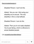 A written text post critiquing ableism by noting how an ableist person dismisses a disabled person.