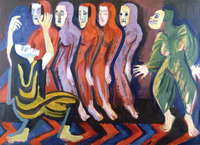 Colorful abstract oil painting of Dance of Death II, in which the Wigman figure in yellow and black dress bends into a deep knee bend with her arms above her head on the left; the tormenter in green lunges toward her from the right; and a row of lavender and red dancers leans in toward the center of the composition behind them. Lines and patterns connect all the figures visually, particularly a blue and red chevron pattern on the floor. Each figure is masked.