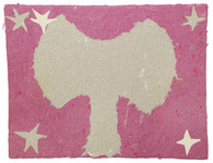 Symbol of matriarchal strength, a large, beige, double-bladed axe set on a mottled deep pink background. In the corners, three beige stars and two lighter cream-colored stars.