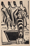 Abstract black-and-white woodcut print of Wigman’s Dance of Death II, in which the group in the background leans to the left toward Wigman in the foreground, who gestures with her arms above her head. The group dancers have minimal detail besides shadow and general defining lines, but Wigman’s facial features, fingers, and chevron-striped dress pattern are defined. Between the group dancers and Wigman on the floor, there is a block of black and a few lines to denote strips of wooden flooring.