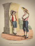 A portrait of two young men from Unterwalden. They lounge and converse, dressed in large straw hats with flowers on top, red-striped vests, blue breeches, and white stockings.