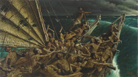 Oil painting depicting a fraught group of Polynesian voyagers aboard a ragged vessel as they attempt to make landfall in New Zealand.