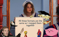 Several figures gesture at a white board with text that reads, “All these formats are the same so I merged them together.” Figures clockwise from top are Robin from Stranger Things; one of the Eds from Ed, Edd, and Eddy; Kirby; a man in a Spiderman costume; Lisa Simpson; PewDiePie; and one of the penguins from Madagascar.