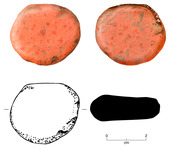 Photograph and drawing of round clay disk.