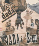 Detail of photo collage featuring child dancer Niddy Impekoven’s head on a housewife bathing a baby Dadaist and the heads of two male Dadaists montaged on the body of a dancer in pointe shoes. More heads are imposed on bodies of children and babies. Cutouts of German words and “Dada” are also montaged near the top and bottom of the detail.