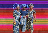 Three women wearing aso ebi in front of a striped background.