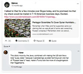 Screenshot from Gab that includes an exchange between two users: Marcus and Fuhrer. Marcus states that he works as a Russian troll and shares a story from occidentaldissert.com with the picture of army of trolls. Fuhrer responds by presenting an argument that US look like a total “pussy state.”