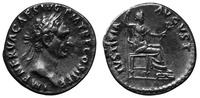 A silver coin of Nerva from September 96 CE that depicts a portrait head of Nerva on the obverse and Iustitia seated and holding an olive branch and scepter on the reverse.
