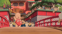 A cartoon of a crowd of various creatures and people, waving goodbye to a girl running off screen. Calligraphy is visible on the building behind and the giant baby's clothing.