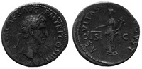 A copper coin of Nerva from January 97 that depicts a portrait head of Nerva on the obverse and Aequitas standing and holding scales and a cornucopia on the reverse.