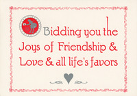 Words printed in Parson’s typeface, red with B in silver. Red and silver St. Valentine ornament precedes B. Red ribbon border; silver heart with flourish on both sides.