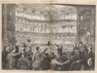 Sketch of large hall with three tiers in the background and several men in the foreground.