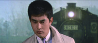 Discontinuity in Action, Shot (15): A notoriously unconvincing, tension-­diffusing process shot featuring a close-­up of Tetsu in the foreground, with the train (a rear-­projection screen) bearing down on him from behind over his left shoulder.