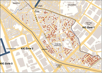 Map of Karibong-­dong indicating the location of beehive houses in dots. Beehive houses are highly concentrated in the area between Zone 1 and Zones 2–­3 of the Kuro Industrial Complex.