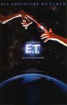 A film poster for Steven Spielberg's film E.T.: The Extra-terrestrial, of a child's index finger touching a scaly alien's index finger with the starry night sky behind them and the planet earth below them with the taglines "His adventure on earth" and "He is afraid. He is totally alone. And he's 3,000,000 light years from home."