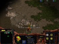 A Zerg Overlord flies over a ramp facing the player’s point-of-view.