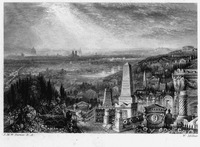 Black and white illustration of Père Lachaise Cemetery with lots of monuments crowded together in the foreground and the city of Paris in the background.