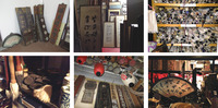 Six images showing various storage areas, containing props of wood planks, scrolls, paper lanterns, and paper fans with calligraphy on them, as well as brushes and ink bowls.