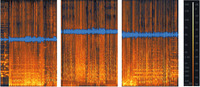 Three heat-­map style spectrograms showing significant energy in blobs and bars signifying music, atmosphere and drones.