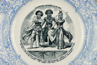 Fig. 1.3. Image is blue on a white china dish, showing three costumed Javanese dancers in a formal pose, with words circling the outside of the image.