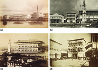Old sepia photographs depicting palaces and courts in Omani Zanzibar.