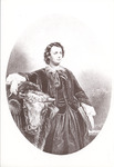 Oval engraving of Bonheur dressed in a jacket, vest, and full skirt. She holds a pencil, her right arm around a furry bull with horns. Her left hand holds a sketchbook.