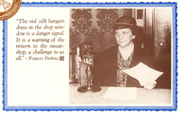 Perkins on the radio wearing her signature hat.  Quote: “The red silk bargain dress in the shop window is a danger signal. It is a warning of the return of the sweatshop, a challenge to us all.”