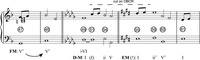 A music example representing two modulations over several phrases in “’Til Him.” An intermediary passage is annotated with “Cut on OBCR.”