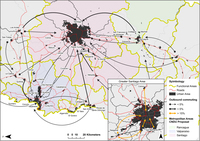 Map of the SCCR area in 2002, showing employment centers and home-to-work daily commute.