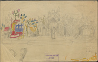 This unfinished scene design, partly drawn in pencil, partly painted, hearkens directly to medieval "mansions," side-by-side settings that depict multiple locations simultaneously.