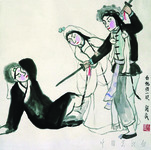 A Chinese ink painting with color highlights depicting a scene from a Peking opera. The woman on the right is holding two swords and pointing the sword in her right hand at the male figure, pleading for his life on the ground. The middle figure is a woman in a white robe, who is holding the right arm of the other woman, trying to stop her from harming the man.