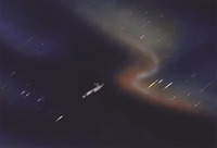 A still from an animation in a very long shot. It shows a small figure flying in outer space.