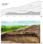 Drawing of the west profile and quadrant 4 of tumulus 088 with the following parts: modern fill, loose dark soil, large rocks; dark soil, trash pit, and cobble lens. The height is 2 meters and the length is 6 meters. Its respective photograph is below. They are labeled as a and b.