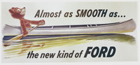 A color Ford advertisement featuring a bear paddling an aluminum canoe through smooth water. The caption reads: "Almost as SMOOTH as . . . the new kind of FORD."