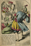 A beturbaned man holds a sharp sword above his head and pulls back the hair of a woman. She reaches out for help to men entering the scene.