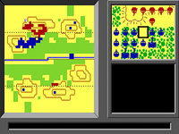 A screenshot from Modem Wars, where red and blue units fight each other in the top-right quadrant while the position of each unit on the battlefield takes the left-half of the screen.