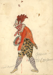 Costume design for the Dance Master in polka-dotted knee breeches and an orange tailcoat, the vividness of which is matched only by the blazing red of his hair.