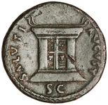 Bronze coin type first issued by Titus depicting on the reverse a rectangular altar featuring a door with four panels and horns at ends. The altar is encircled by the legend SALVTI AVGVST(i), “to Augustan health” or “to the emperor’s health.”