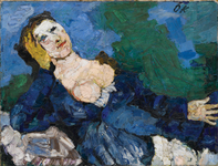 Oskar Kokoschka’s oil painting Woman in Blue is a half-length portrait of his doll from 1919. The painting features a female figure wearing a navy blue bustier dress, from which her breasts are bursting forth. The figure is reclining, her left arm supported by cushions, her head leaning on one hand while the other aligns with her torso. The full-breasted Woman in Blue looks absent-minded and self-absorbed, with no concern for the viewer