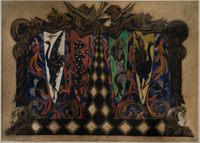 Design by Alexandra Exter for the Kamerny Theatre stage curtain, adorned with animals, birds, diamond patterns, vines, and faces in red, black, blue, green, and yellow.