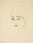 A simple pen portrait drawing portraying Chinese American film star Anna May Wong, but not referencing her name. The drawing emphasizes the outline of her hair, eyes, eyebrow, and jaw line. The rest of the lines, while sparse, are lightly drawn. She is the only figure on the page.