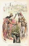 A political cartoon with the World’s Columbian Exposition’s dazzling White City in the background. In the foreground, two female figures clad in elaborate medieval costume, one woman labeled “Democratic Party” and the other “Republican Party,” shake hands as a dramatic scene shift takes place. At their feet is the stage’s trap door and four beast-like allegorical figures representing various political issues (“Wild-cat bank scare,” “Force bill,” “British free trade bugaboo,” and “Irish patriot vote”) tumble down into invisibility.