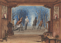 Figure 1: The result of the duel, with Louis stabbed and other participants in attendance, at back of stage. Foreground dei Franchi house.